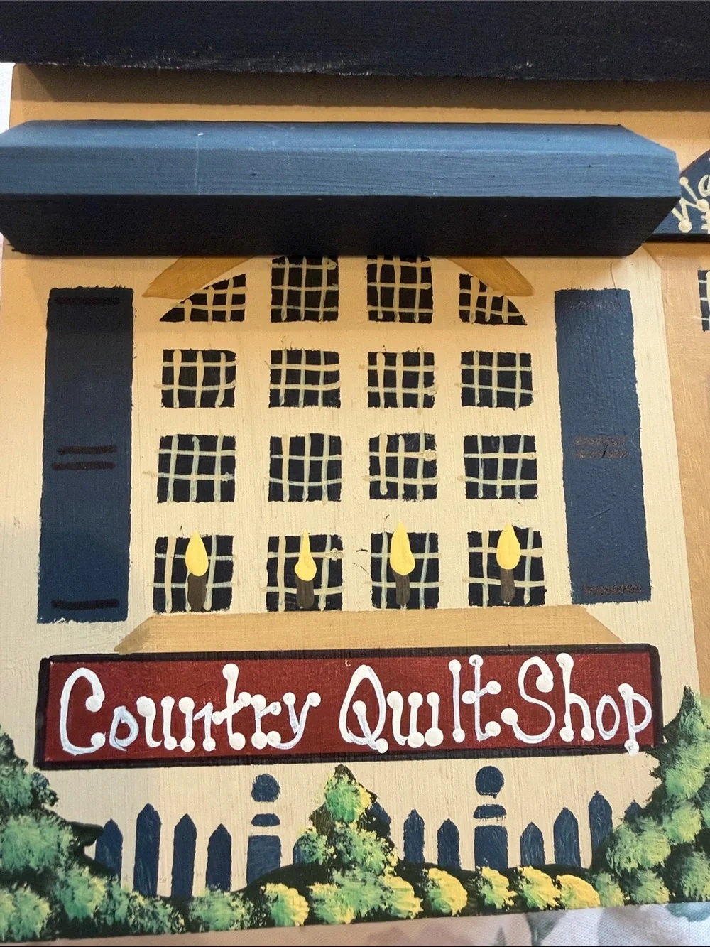 Hand-Painted Country Quilt Shop wooden box/ mailbox- Navy & Cream